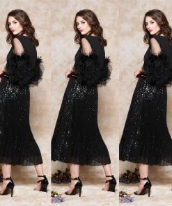 Social Butterfly Collection Sheer Pleated Black Sequin Skirt Sale