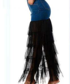 Social Butterfly Collection Black Or White Layered Tulle Denim Maxi Skirt