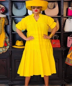 Social Butterfly Collection Plus Size Yellow Boho Style Below The Knee Dress