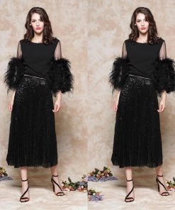 Social Butterfly Collection Sheer Pleated Black Sequin Skirt Sale