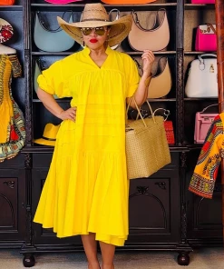 Social Butterfly Collection Plus Size Yellow Boho Style Below The Knee Dress
