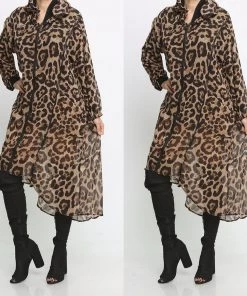 Social Butterfly Collection Sheer Animal Print High Low Front Zipper Dress Top New Arrivals