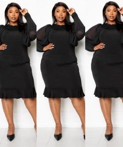 Social Butterfly Collection New Arrivals Sheer Sleeve Plus Size Black Ruffle Hem Dress