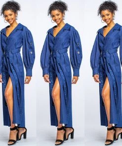 Social Butterfly Collection Denim Jacket Style Long Button Down Maxi Dress