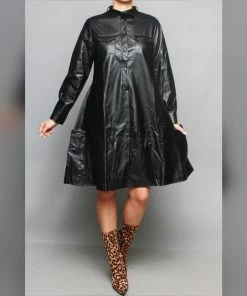 Social Butterfly Collection Black Faux Leather Dress Plus Sizes