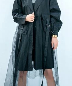 Social Butterfly Collection Black Tulle Detail Large Pocket Jacket