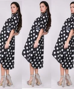 Social Butterfly Collection New Arrivals White On Black Polka Dot Button Down High Low Dress Top
