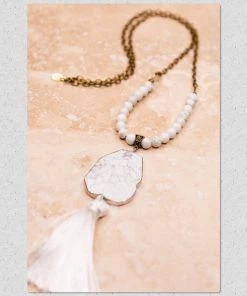 Social Butterfly Collection Marble Stone Pendant With White Tassel Necklace