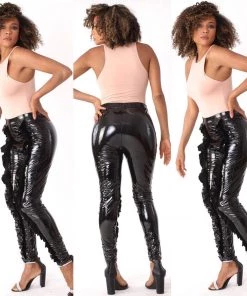 Social Butterfly Collection New Arrivals Black Liquid Faux Leather Front Ruffle Legging Pants