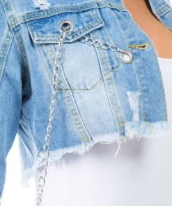 Social Butterfly Collection Denim Cropped Jacket Silver Chain Details New Arrivals
