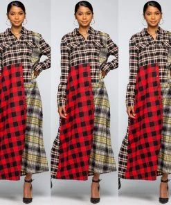Social Butterfly Collection Dresses Multi Color Check Pattern Maxi Shirt Dress