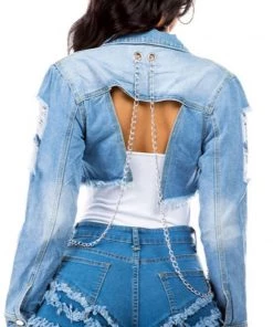 Social Butterfly Collection Denim Cropped Jacket Silver Chain Details New Arrivals