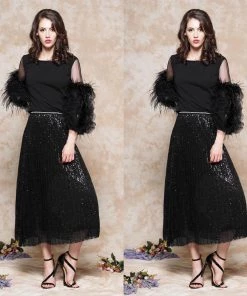 Social Butterfly Collection Sheer Pleated Black Sequin Skirt Sale