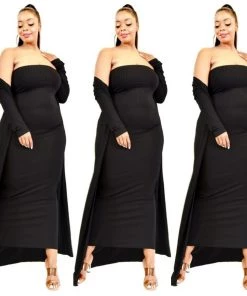 Social Butterfly Collection Plus Size Black Two Piece Form Fitted Dress Duster Set New Arrivals