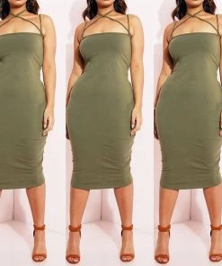 Social Butterfly Collection New Arrivals Olive Green Strapless Tube Top Midi Dress