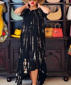 Social Butterfly Collection New Arrivals Black Taupe Tie Dye Handkerchief Dress