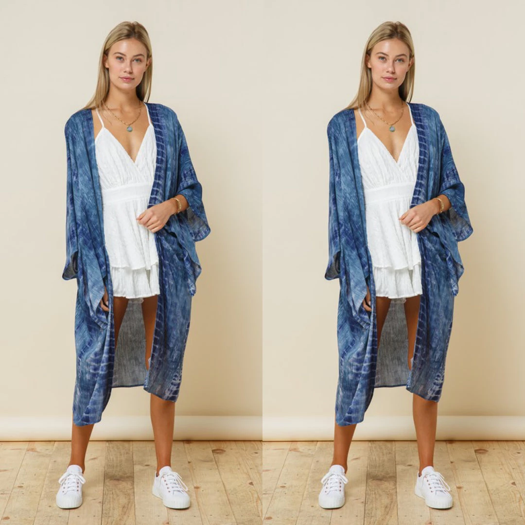 Social Butterfly Collection Denim Blue Tie Dye Kimono Sleeve Sheer Duster 5 Social Butterfly Collection Denim Blue Tie Dye Kimono Sleeve Sheer Duster