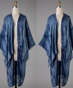 Social Butterfly Collection Denim Blue Tie Dye Kimono Sleeve Sheer Duster