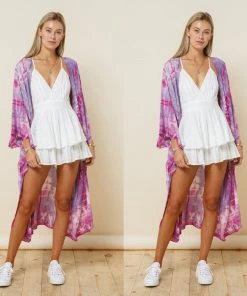 Social Butterfly Collection Purple Pink Tie Dye Kimono Sleeve Sheer Duster New Arrivals