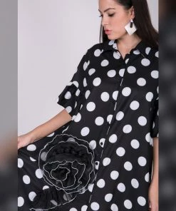 Social Butterfly Collection New Arrivals White On Black Polka Dot Button Down High Low Dress Top