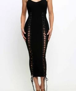 Social Butterfly Collection Black Or White Form Fitted Drawstring Knit Dress