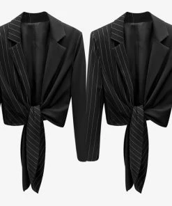 Social Butterfly Collection Black White Stripe Color Block Tie Waist Jacket Sale