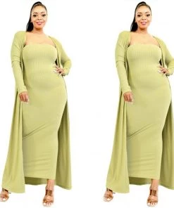 Social Butterfly Collection New Arrivals Plus Size Kiwi Green Two Piece Form Fitted Dress Duster Set