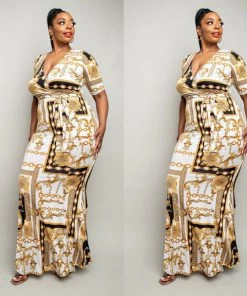 Social Butterfly Collection Black White Gold Print Form Fitted Maxi Dress New Arrivals