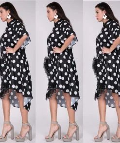 Social Butterfly Collection New Arrivals White On Black Polka Dot Button Down High Low Dress Top