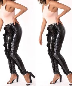 Social Butterfly Collection New Arrivals Black Liquid Faux Leather Front Ruffle Legging Pants