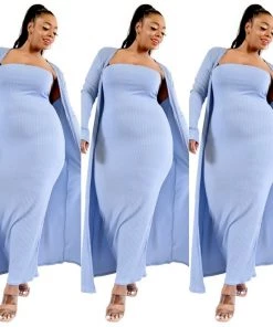 Social Butterfly Collection Plus Size Light Blue Two Piece Form Fitted Dress Duster Set New Arrivals