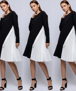 Social Butterfly Collection Black White Color Block Side Pleats Dress Sale
