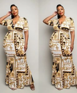 Social Butterfly Collection Black White Gold Print Form Fitted Maxi Dress New Arrivals