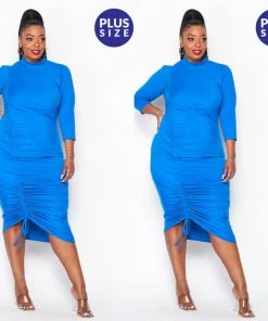 Social Butterfly Collection Blue Plus Size Mock Neck Mid Length Fitted Dress New Arrivals