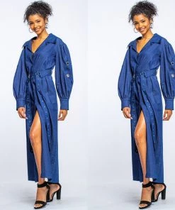 Social Butterfly Collection Denim Jacket Style Long Button Down Maxi Dress