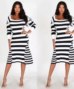Social Butterfly Collection New Arrivals Black White Stripe Form Fitted Dress