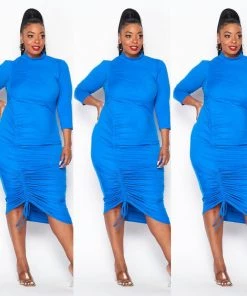 Social Butterfly Collection Blue Plus Size Mock Neck Mid Length Fitted Dress New Arrivals