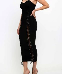 Social Butterfly Collection Black Or White Form Fitted Drawstring Knit Dress