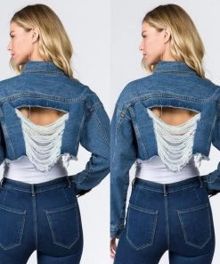 Social Butterfly Collection Distressed Denim Plus Size Cropped Jacket