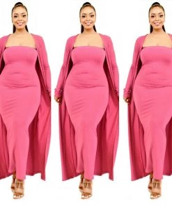 Social Butterfly Collection New Arrivals Pink Plus Size Two Piece Form Fitted Dress Duster Set