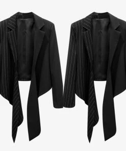 Social Butterfly Collection Black White Stripe Color Block Tie Waist Jacket Sale