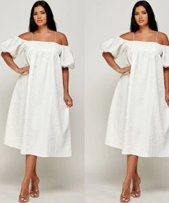 Social Butterfly Collection New Arrivals Textured Cold Shoulder Off White Dress