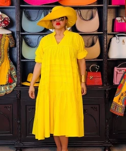 Social Butterfly Collection Plus Size Yellow Boho Style Below The Knee Dress