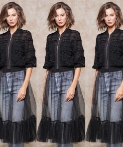 Social Butterfly Collection Sheer Black Front Zipper Dress Top