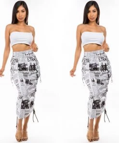 Social Butterfly Collection Newspaper Print Drawstring Skirt New Arrivals