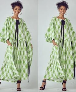 Social Butterfly Collection Plus Size Green Check Vintage Dress New Arrivals