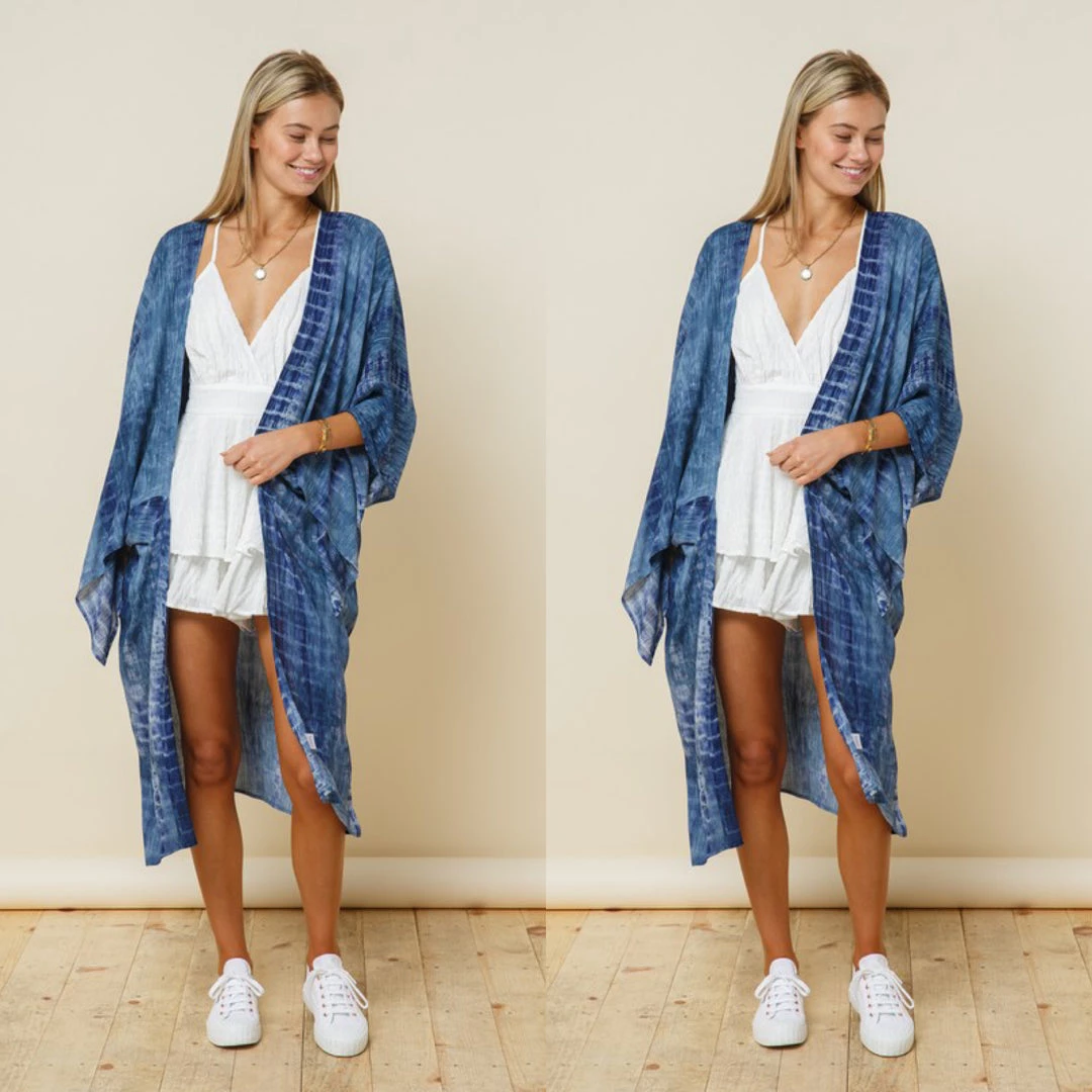 Social Butterfly Collection Denim Blue Tie Dye Kimono Sleeve Sheer Duster 6 Social Butterfly Collection Denim Blue Tie Dye Kimono Sleeve Sheer Duster