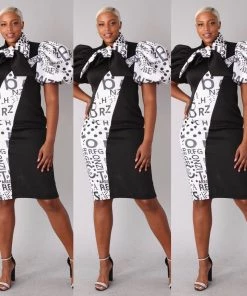 Social Butterfly Collection Puff Sleeve Color Block Black White Print Fitted Neck Tie Dress New Arrivals