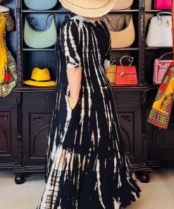 Social Butterfly Collection New Arrivals Black Taupe Tie Dye Handkerchief Dress