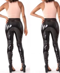 Social Butterfly Collection New Arrivals Black Liquid Faux Leather Front Ruffle Legging Pants